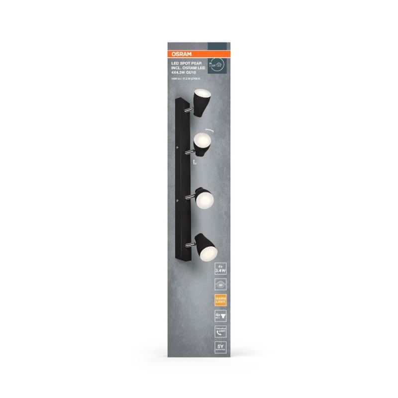 OSRAM LED Spot Pear 4er Deckenstrahler Schwarz - bietet gerichtetes Licht mit warmweißer Lichtfarbe, mit flexiblem GU10-Strahler, GU10-Lampe enthalten