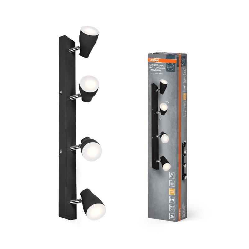 OSRAM LED Spot Pear 4er Deckenstrahler Schwarz - bietet gerichtetes Licht mit warmweißer Lichtfarbe, mit flexiblem GU10-Strahler, GU10-Lampe enthalten