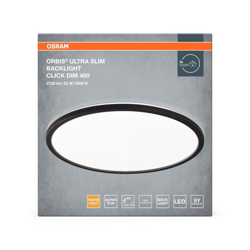 OSRAM Orbis Ultra Slm Backlight Deckenleuchte 40cm in Schwarz dimmbar 3000K - warmweißes Licht + Hintergrundlicht, dreistufige Dimmbarkeit über Wandschalter, ultraflach