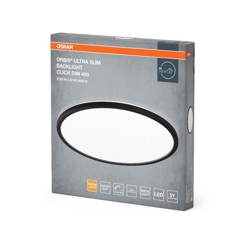 OSRAM Orbis Ultra Slm Backlight Deckenleuchte 40cm in Schwarz dimmbar 3000K - warmweißes Licht + Hintergrundlicht, dreistufige Dimmbarkeit über Wandschalter, ultraflach