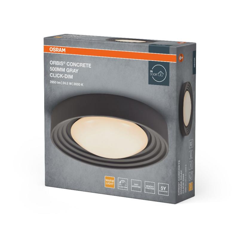OSRAM Deckenleuchte Orbis Concrete 24,5W Ø 50 cm - Dekorative Leuchte aus Beton in grau - dimmbar in drei Stufen durch wiederholtes Schalten