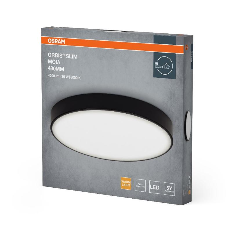 OSRAM Orbis Flache LED-Deckenleuchte Slim Moia Ø 48 cm in Schwarz 36W Warmweißes Licht