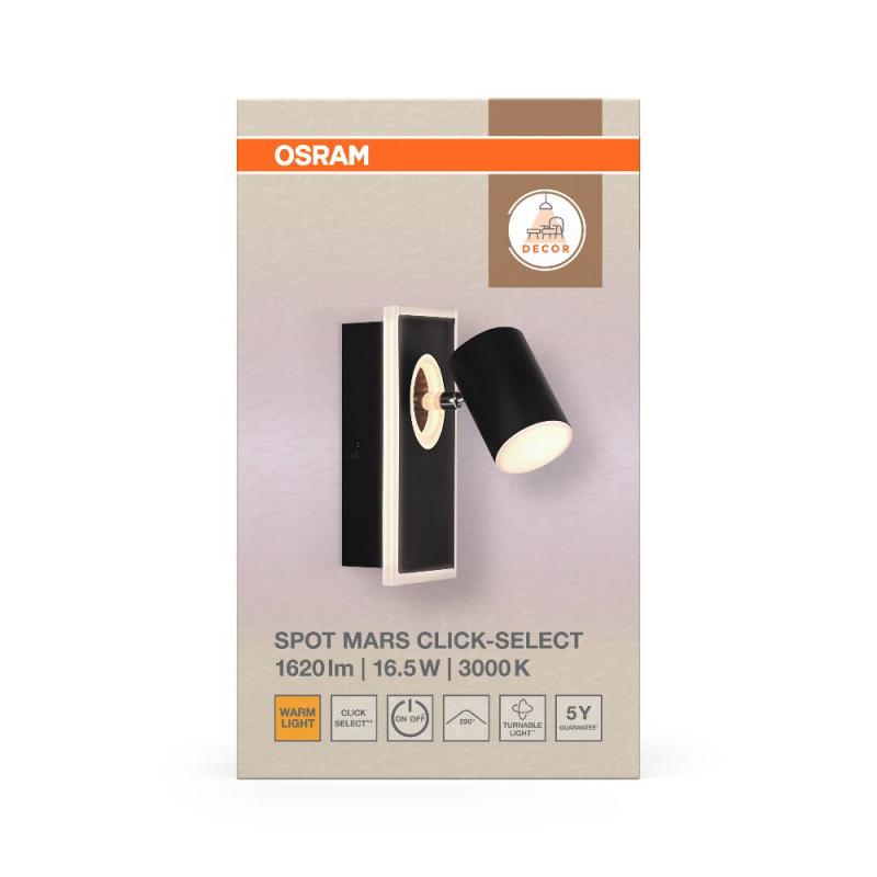 OSRAM 1er LED Wandstrahler Decor Spot Mars Schwarz mit Click Select - mit flexiblen Strahlern, Lichtquelle über den Wandschalter auswählbar