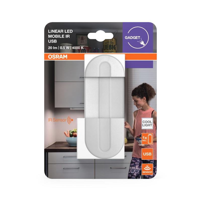 OSRAM Linear Sensor LED-Akku Unterbauleuchte mit USB-Aufladung mit 2 Betriebsarten Schrankleuchte mit Infrarotsensor, für Bereiche wo eine Steckdose fehlt