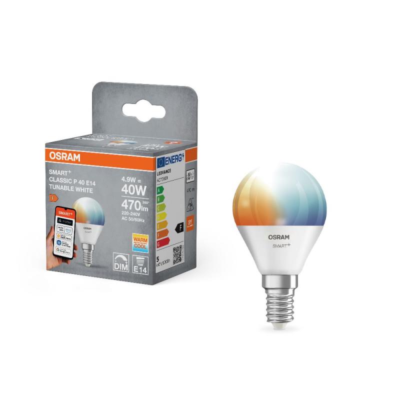 OSRAM E14 SMART+ MATTER LED-Lampe Miniball Tunable White 4,9W wie 40W dimmbar - kompatibel mit Alexa, Google Home, Matter über WiFi
