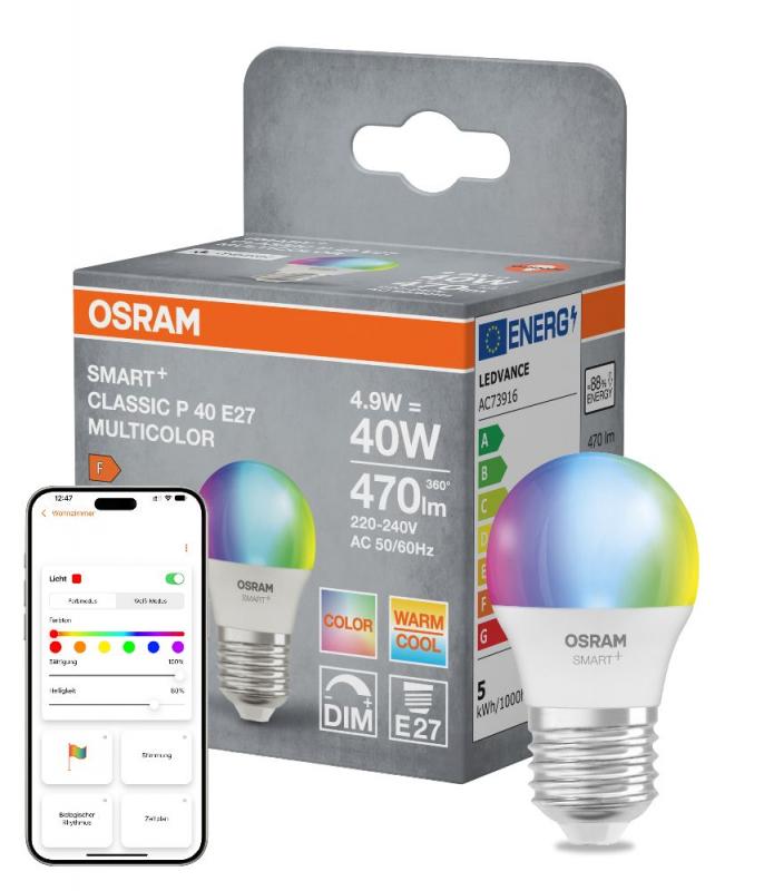 OSRAM E27 SMART+ MATTER Classic P40 LED-Lampe 4,9W wie 40W Multicolor 2700-6500K - Matter over WiFi, App- und Sprachsteuerung