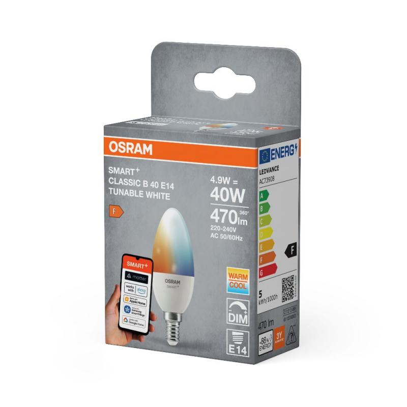 OSRAM E14 SMART+ MATTER Classic B40 Kerze Tunable White 4,9W wie 40W dimmbar - kompatibel mit Alexa, Google Home, Matter über WiFi