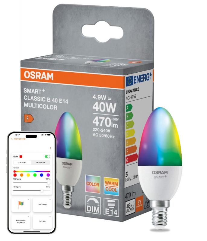 OSRAM E14 SMART+ MATTER Classic B40 LED-Lampe 4,9W wie 40W Multicolor 2700-6500K - Matter over WiFi, App- und Sprachsteuerung, 16 Mio. Farben