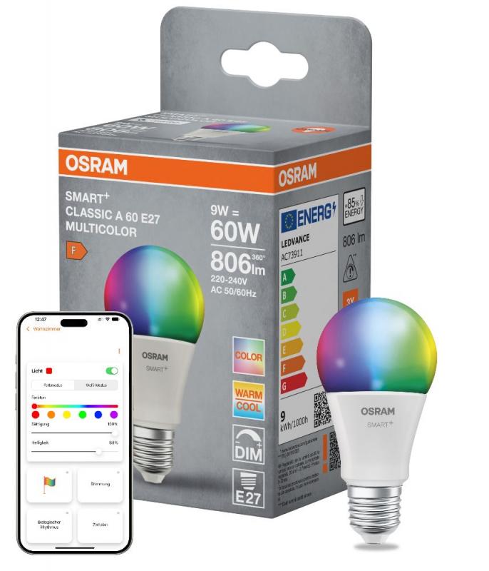 OSRAM SMART+ MATTER Classic A60 LED-Lampe 9W Multicolor E27 2700-6500K - steuerbar per App & Sprache, kompatibel mit Alexa, Google, Apple, WiFi