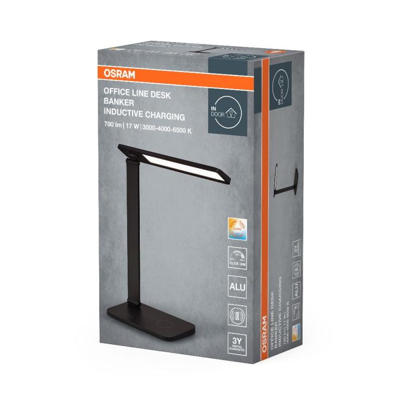 OSRAM Office Line Desk Banker Inductive Charging Schreibtischlampe 17W CCT Dimmbar Schwarz