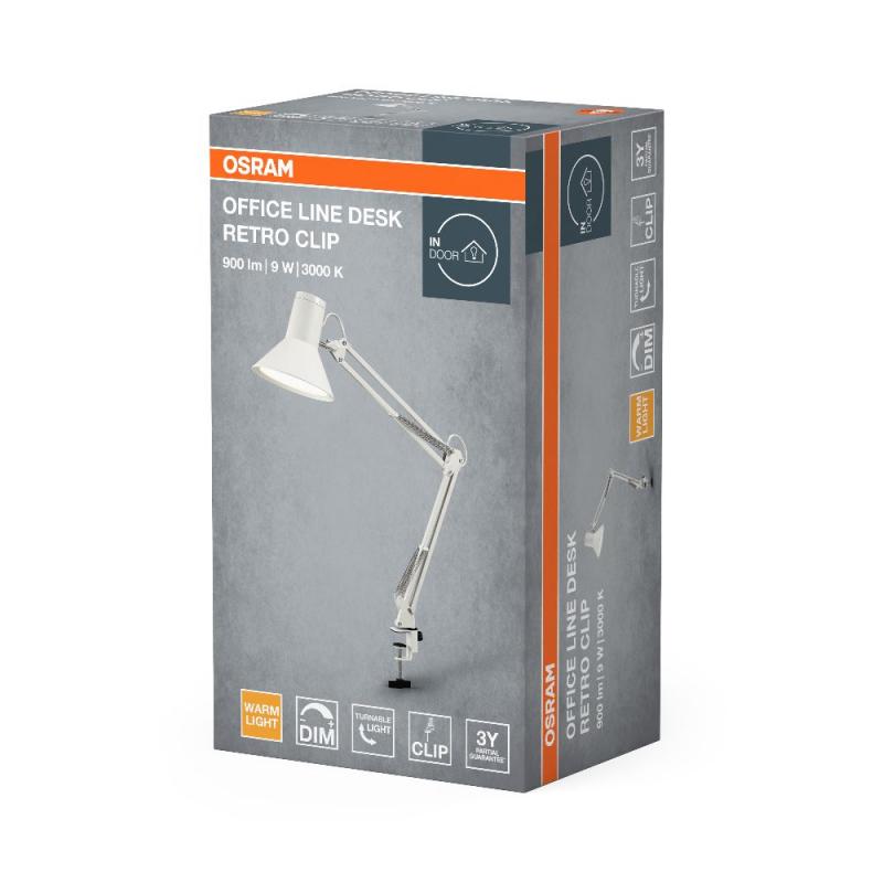 OSRAM Office Line Desk Retro Clip Schreibtischlampe 9W 3000K Dimmbar Weiß