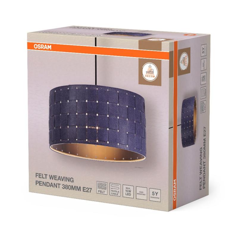 OSRAM Hängeleuchte Decor Felt Weaving aus Filz / Stahl mit E27 Fassung Ø 38cm mit  Textilkabel
