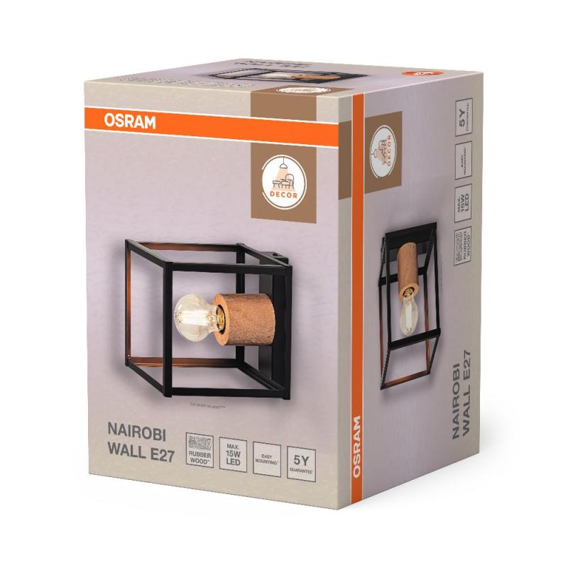 OSRAM Wandleuchte NAIROBI 1-flammig aus Stahl & Holz in Schwarz