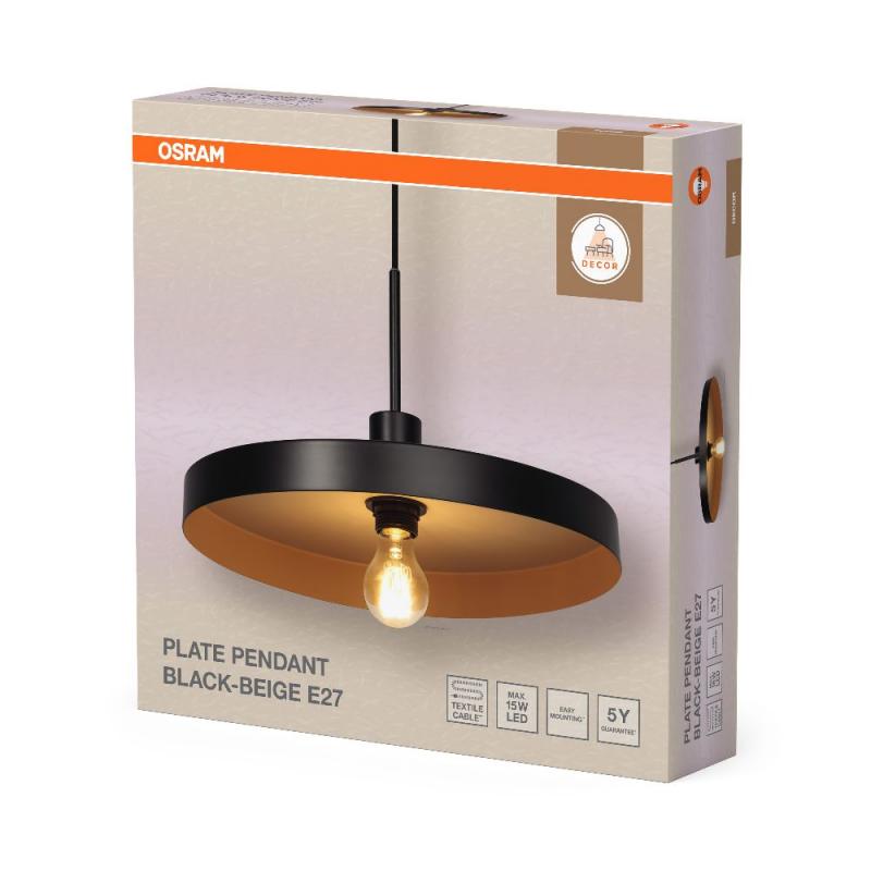 OSRAM Pendelleuchte Decor Plate in Schwarz/Beige Ø 40 cm aus Stahl mit E27 Fassung - dekorative Hängelampe mit tellerförmigem Lampenschirm