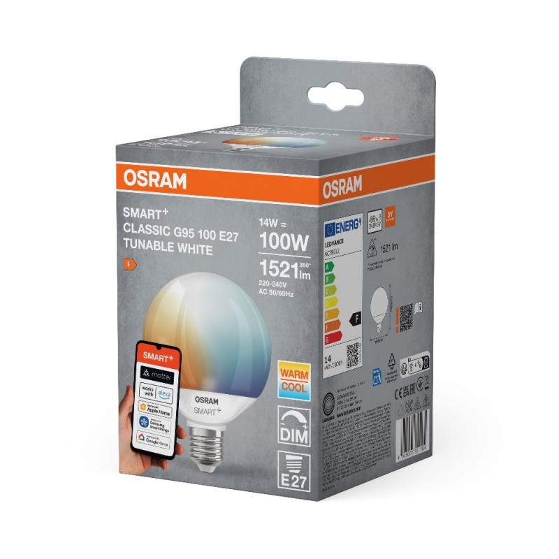 OSRAM E27 SMART+ MATTER Globe 95 LED-Lampe Tunable White 14W wie 100W dimmbar - kompatibel mit Alexa, Google Home, Matter über WiFi
