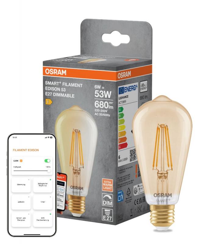 Osram E27 SMART+ MATTER EDISON Kolben Lampe Gold mit extra warmweißem Licht 6W wie 53W dimmbar