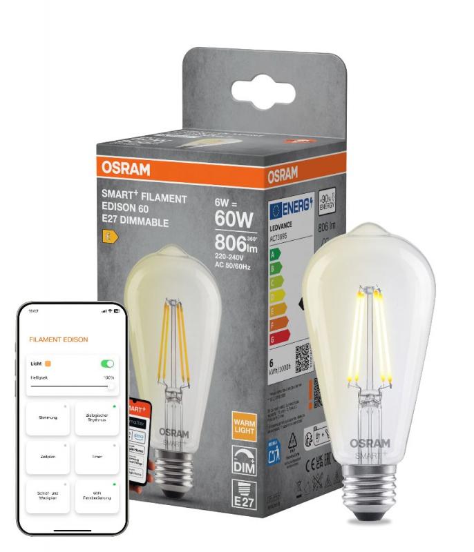 OSRAM SMART+ MATTER LED Leuchtmittel Kolbenform 6W Wie 60W warmweiß klar