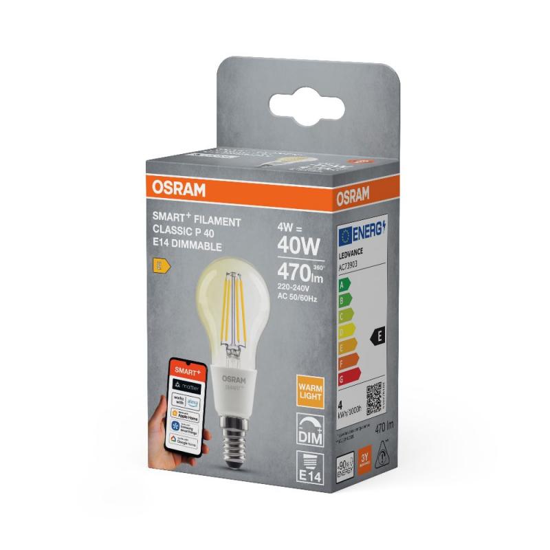 OSRAM E14 SMART+ MATTER Classic P40 4W wie 40W Glühlampe dimmbar warmweiß 2700K - steuerbar mit App oder per Sprache, Matter-fähig