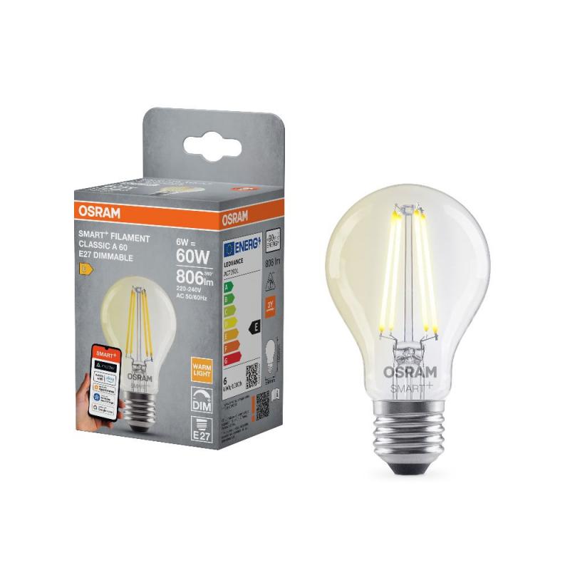 Osram E27 SMART+ MATTER CLASSIC Lampe A60 6W Warmweiss - dimmbar, steuerbar mit App oder Sprachassistent, Matter kompatibel