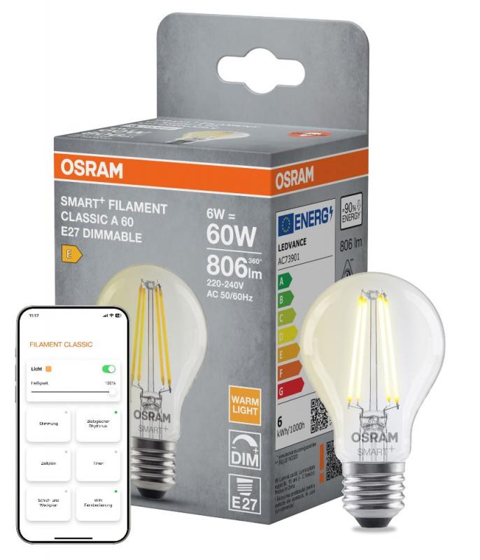 Osram E27 SMART+ MATTER CLASSIC Lampe A60 6W Warmweiss - dimmbar, steuerbar mit App oder Sprachassistent, Matter kompatibel