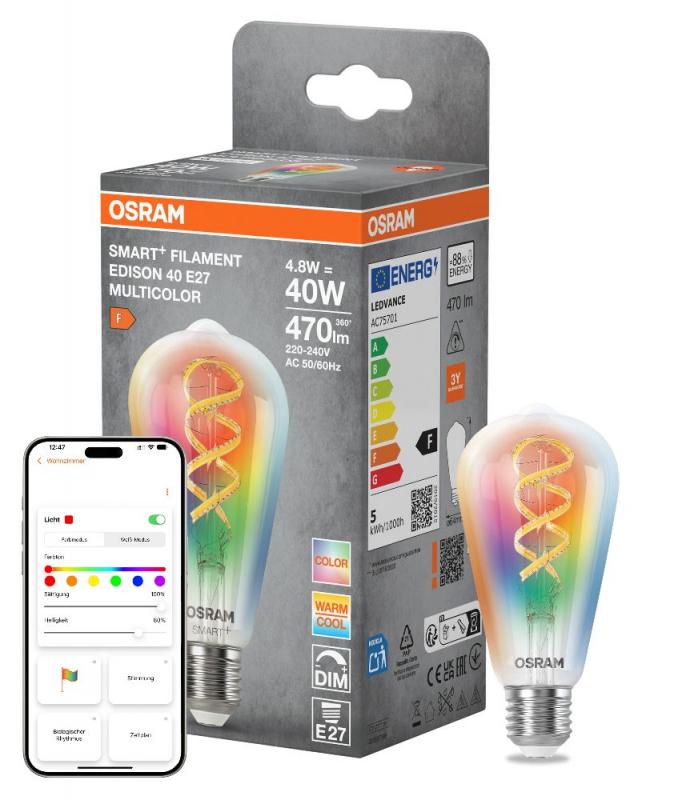 OSRAM E27 SMART+ MATTER LED-Lampe, kompatibel mit Google, Alexa, Apple 4,8W Multicolor 2700-6500K