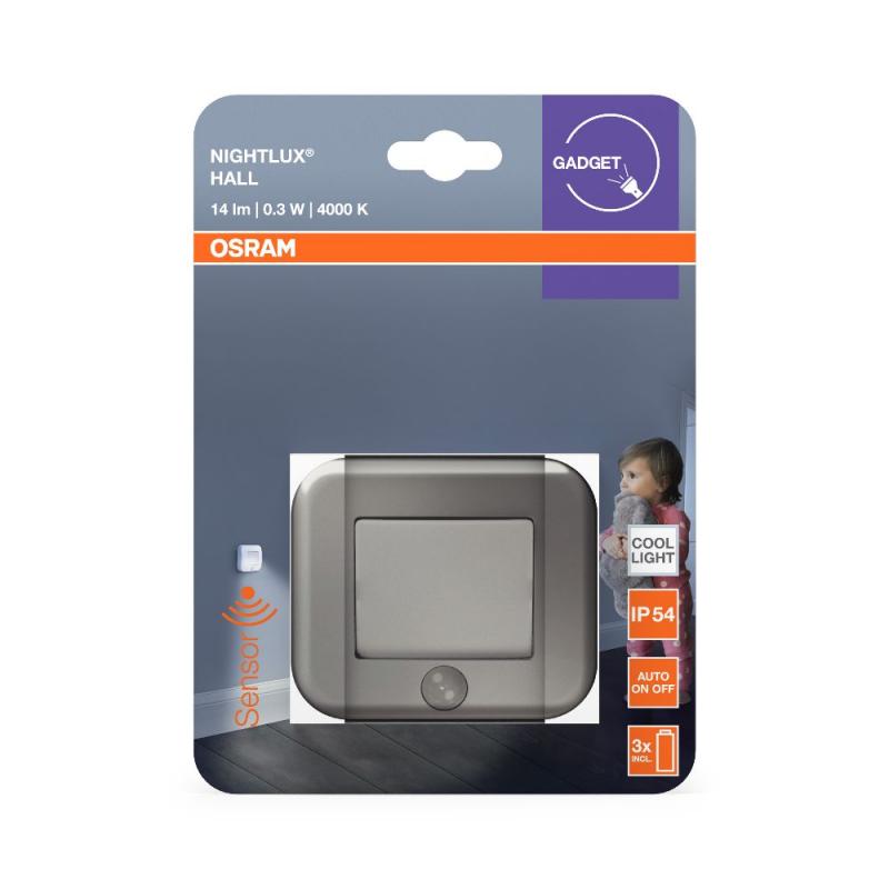 OSRAM Nachtlicht NIGHTLUX Hall Silber mit Bewegungssensor batteriebetrieben IP54, kaltweißes Licht, 4000 K, ideal für Flure und Eingangsbereiche