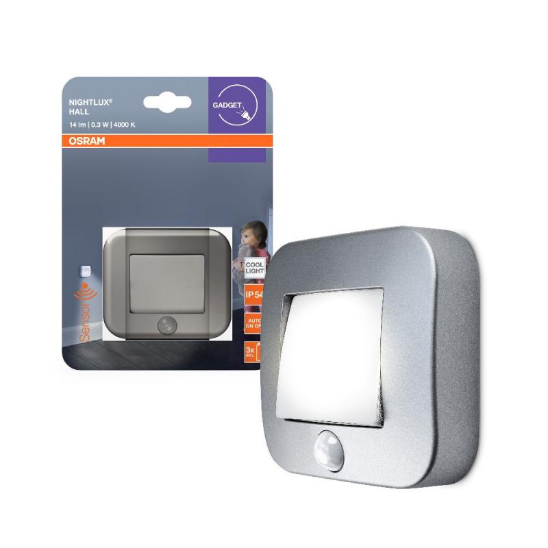 OSRAM Nachtlicht NIGHTLUX Hall Silber mit Bewegungssensor batteriebetrieben IP54, kaltweißes Licht, 4000 K, ideal für Flure und Eingangsbereiche
