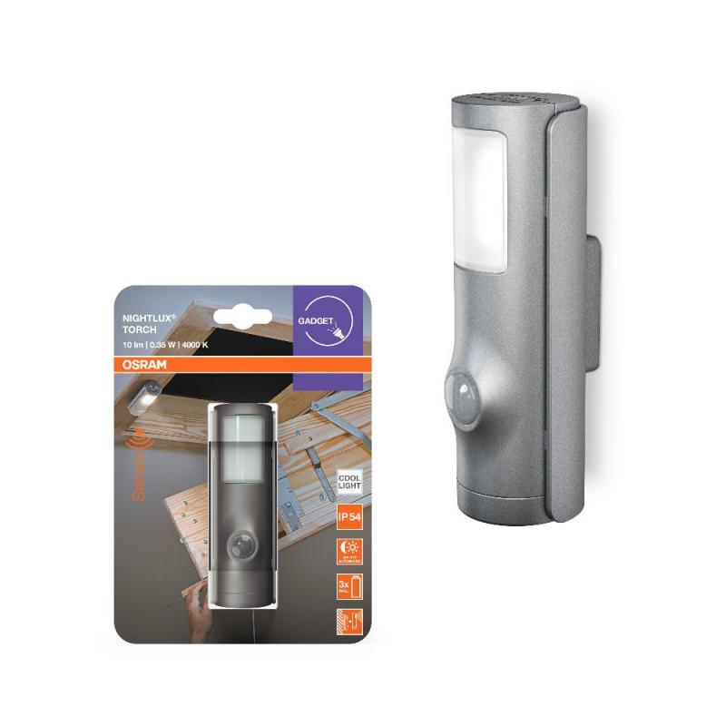 OSRAM  bMobiles Nachtlicht NIGHTLUX Torch Silber mit Sensor IP54 Silber - 2in1 Taschenlampen-Funktion, Lichtsensor, Bewegungsmelder, batteriebetrieben, IP54 spritzwassergeschützt