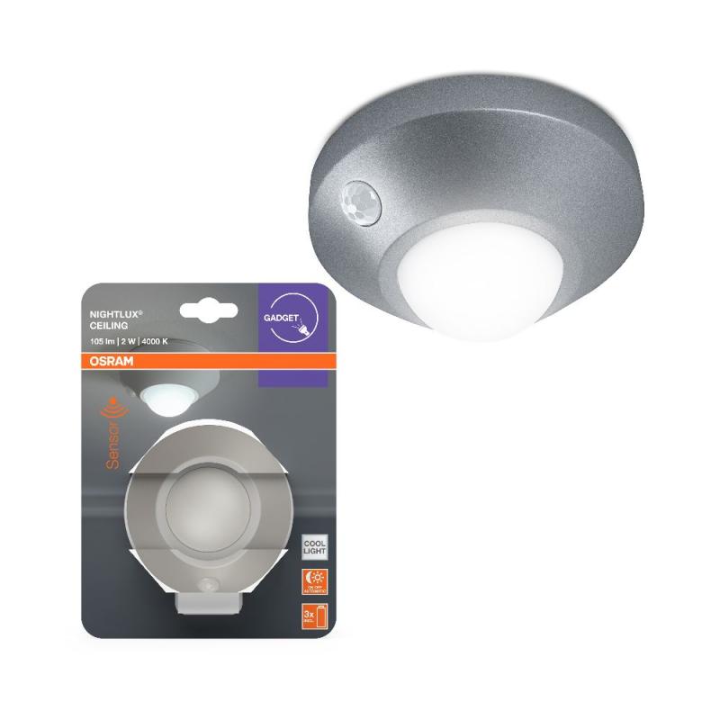 OSRAM Nachtlicht NIGHTLUX Ceiling Silber mit Bewegungs- & Lichtsensor für die Wand- oder Deckennmontage, batteriebetrieben, IP20