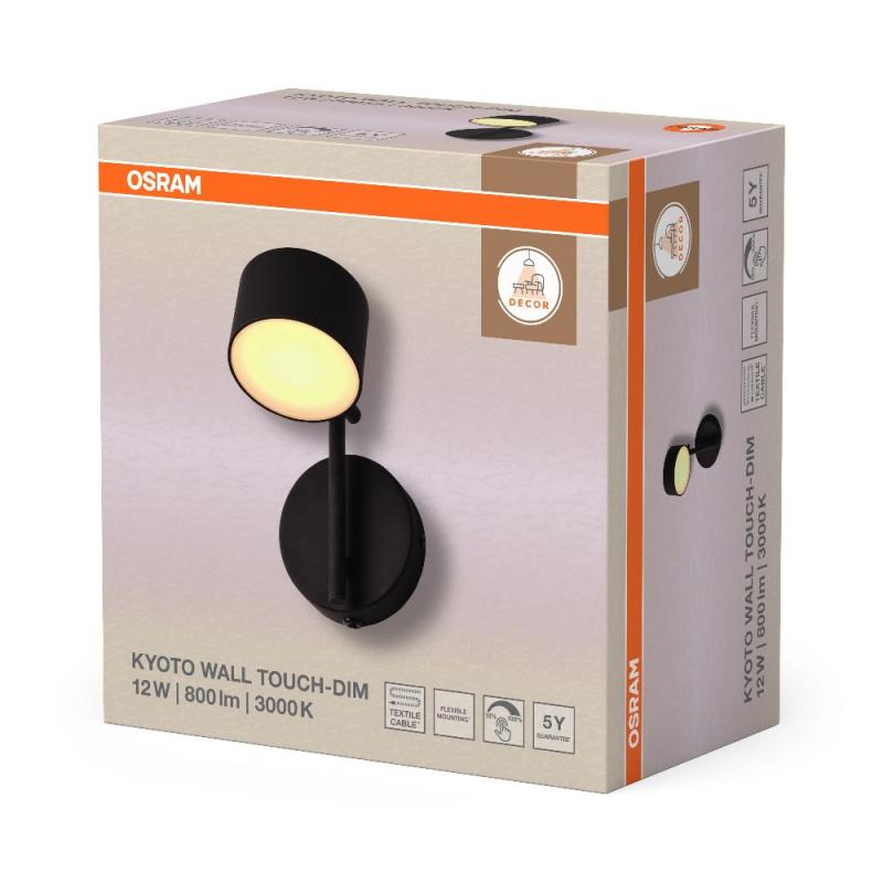 Osram Wandlampe Decor Kyoto aus Aluminium in Schwarz mit warmweißem Licht und beweglichem Kopf - dimmbar (TOUCH DIM)