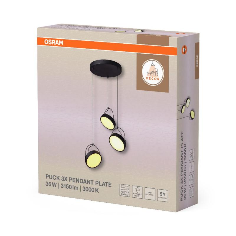 Osram 3-flammige Pendelleuchte Decor Puck aus Stahl in Schwarz mit warmweißem Licht
