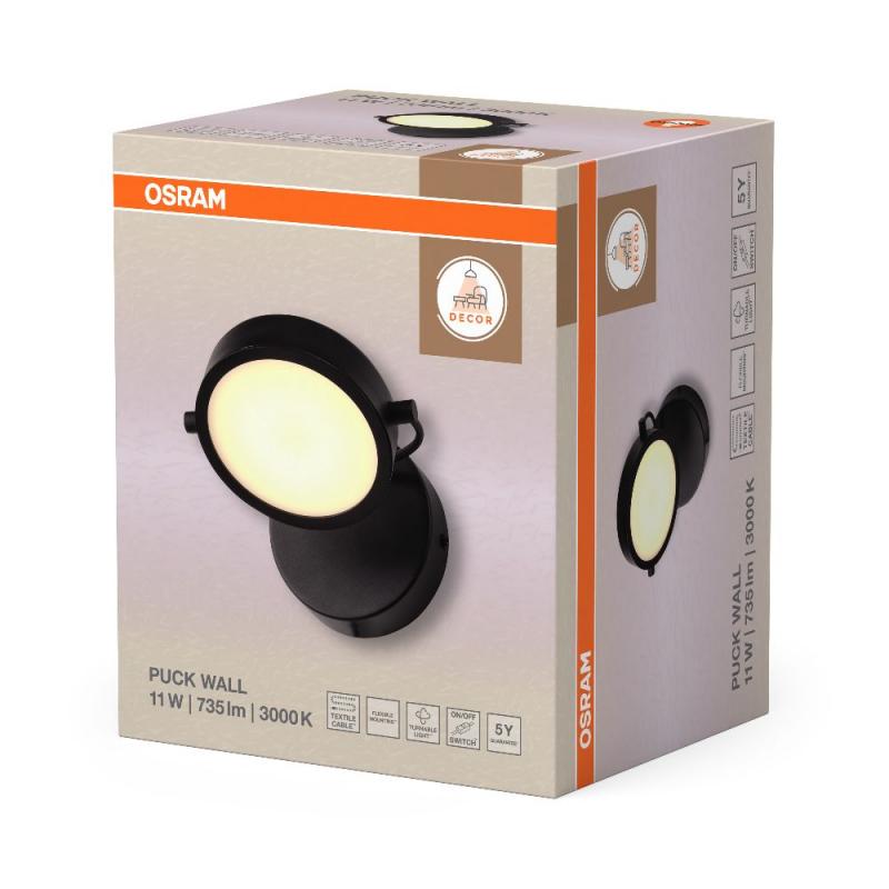 Osram Wandleuchte Decor Puck aus Stahl in Schwarz mit warmweißem Licht - 1,5 m Kabel mit Schalter/  EU-Stecker