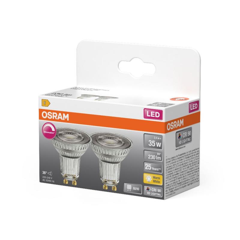 2er Pack OSRAM GU10 PAR16 LED Reflektor dimmbar 36° 2,4W wie 35W 2700K warmweißes Licht mit hoher Farbwiedergabe
