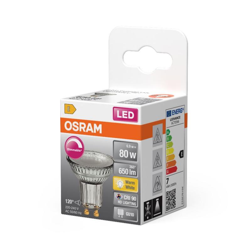 OSRAM Superstar LED GU10 Strahler PAR16 dimmbar 120° 6,9W warmweißes Licht 2700K 90Ra = hohe Farbwiedergabe