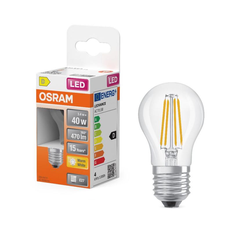 OSRAM ER27 LED Lampe Star Classic P 40 Filament  3,4W wie 40W warmweißes Licht für Wohnräume