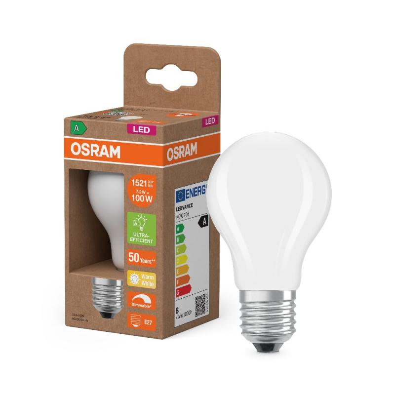 OSRAM E27 CLASSIC besonders effiziente LED Lampe matt dimmbar 7,2W wie 100W 2700K warmweißes Licht