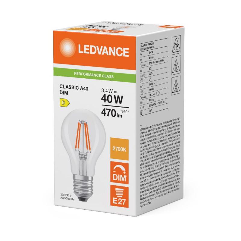 Ledvance E27 LED Lampe Classic klar dimmbar 3.4W wie 40W 2700K - Performance Class