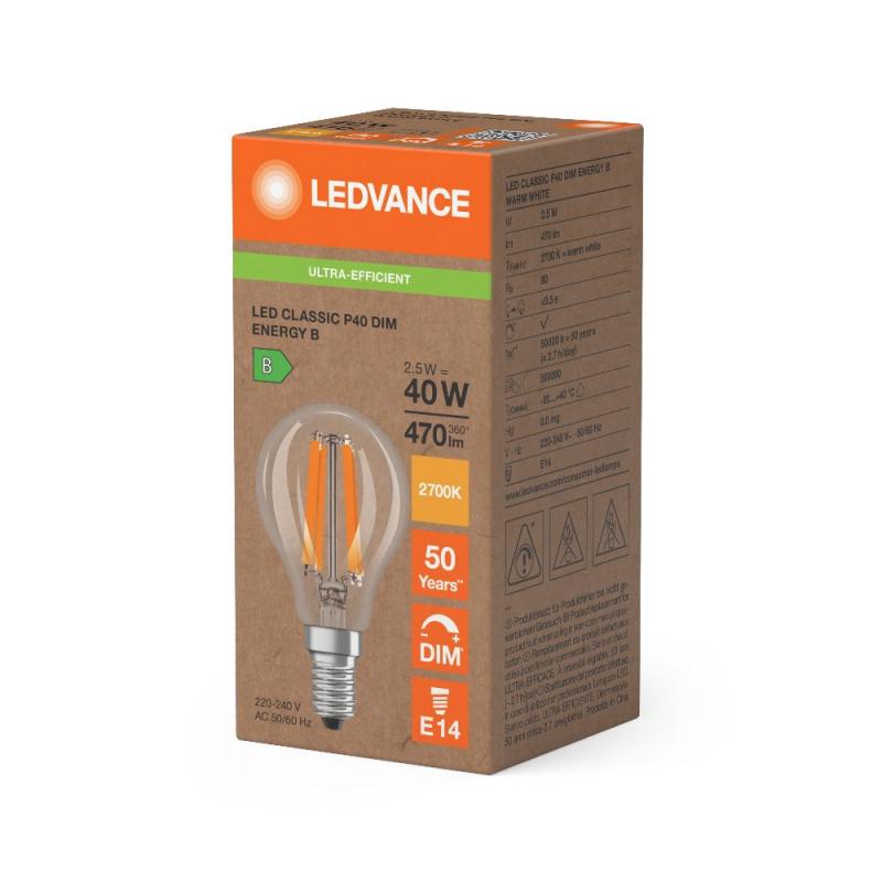 Ledvance E14 Effiziente dimmbare LED Lampe Classic Filament 2,5W wie 40W 2700K warmweißes Licht