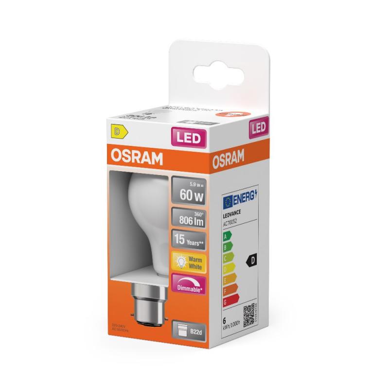 OSRAM B22d LED Superstar Classic A 60 Filament matt dimmbar 5,9W wie 60W warmweißes Licht 2700K