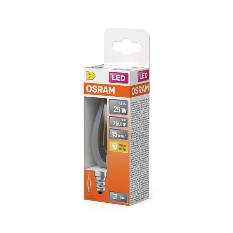OSRAM LED E14 Kerze Winstoßform Star Classic BA 25 Filament 1.8W wie 25W warmweißes Licht für Kronleuchter & dekorative Leuchten