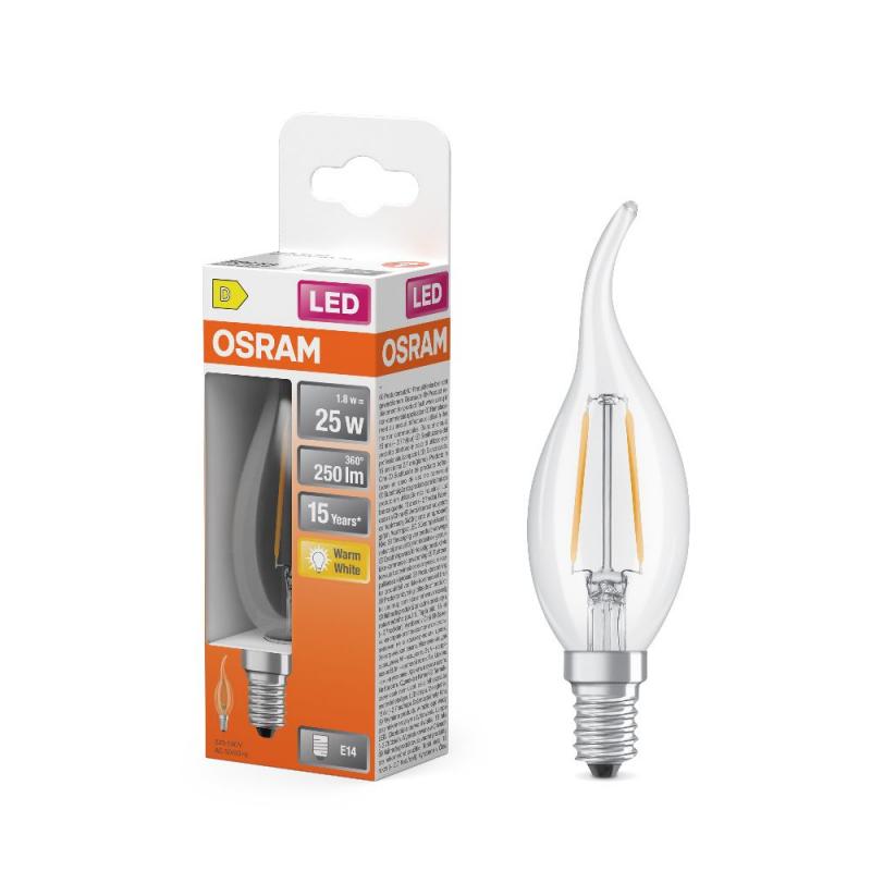 OSRAM LED E14 Kerze Winstoßform Star Classic BA 25 Filament 1.8W wie 25W warmweißes Licht für Kronleuchter & dekorative Leuchten
