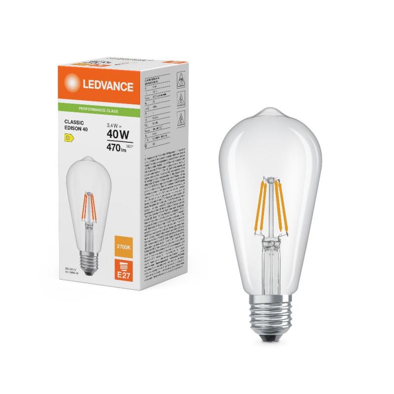 Ledvance E27 LED Kolbenlampe Filament Classic Edison klar 3,4W wie 40W 2700K warmweißes Licht