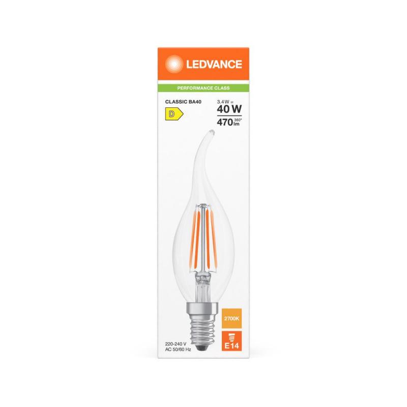Ledvance E14 LED Kerzenlampe Winsstoßlicht Classic klar BA40 3,4W wie 40W 2700K warmweißes Licht