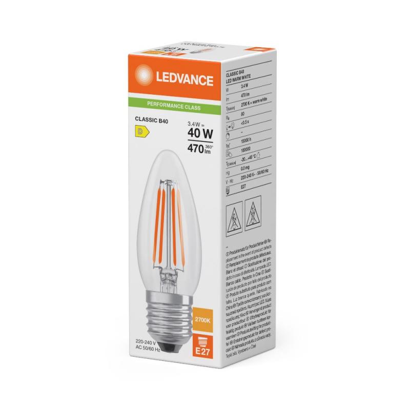 Ledvance E27 LED Kerzenlampe Filament  B40 Classic klar 34W wie 40W 2700K warmweißes Licht
