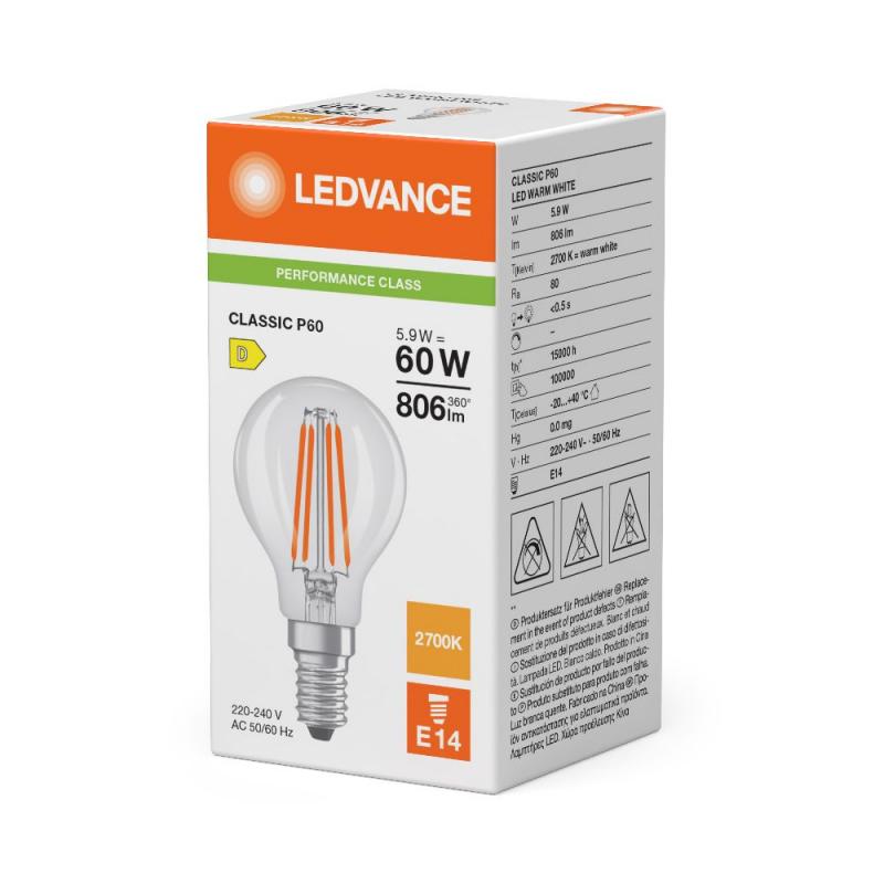 Ledvance E14 LED Tropfenlampe Classic klar 5,9W wie 60W 2700K warmweißes Licht