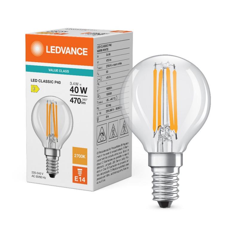 Ledvance E14 LED Tropfenlampe Classic P 40 Filament klar 3,4W wie 40W 2700K warmweißes Licht