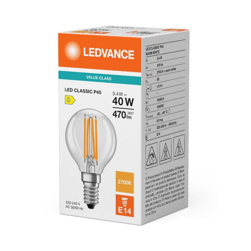 Ledvance E14 LED Tropfenlampe Classic P 40 Filament klar 3,4W wie 40W 2700K warmweißes Licht