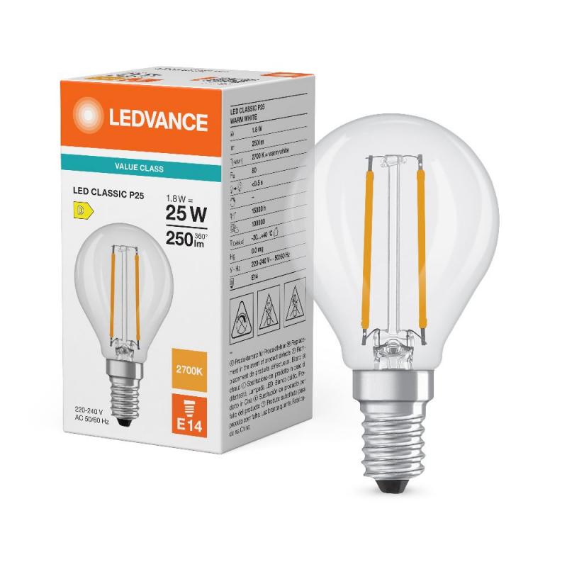 Ledvance E14 LED Classic P 25 Filament Lampe klar 1,8W wie 25W 2700K warmweißes Licht