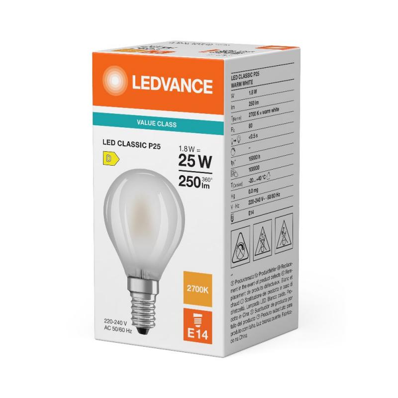 Ledvance E14 LED Filament Lampe Classic P 25 1,8W wie 25W 2700K warmweißes Licht