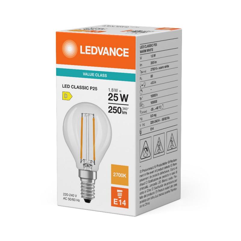 Ledvance E14 LED Classic P 25 Filament Lampe klar 1,8W wie 25W 2700K warmweißes Licht